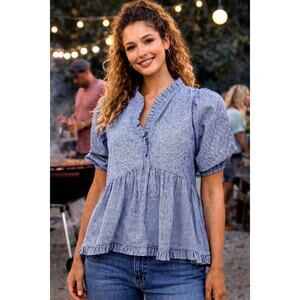 Harshman Houndstooth Aiya Blouse Navy Puffed Sleeve size S